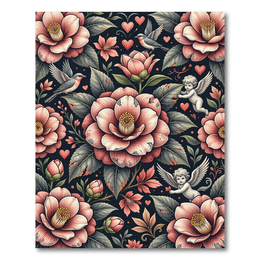 Romantic Floral Blush Cherub Dark Wallpaper Rug