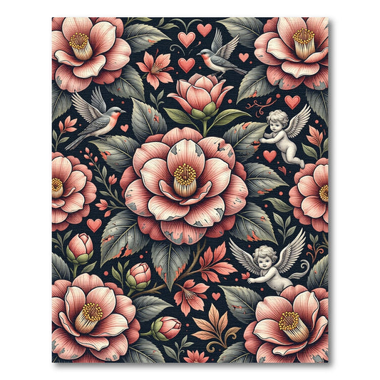 Romantic Floral Blush Cherub Dark Wallpaper Rug