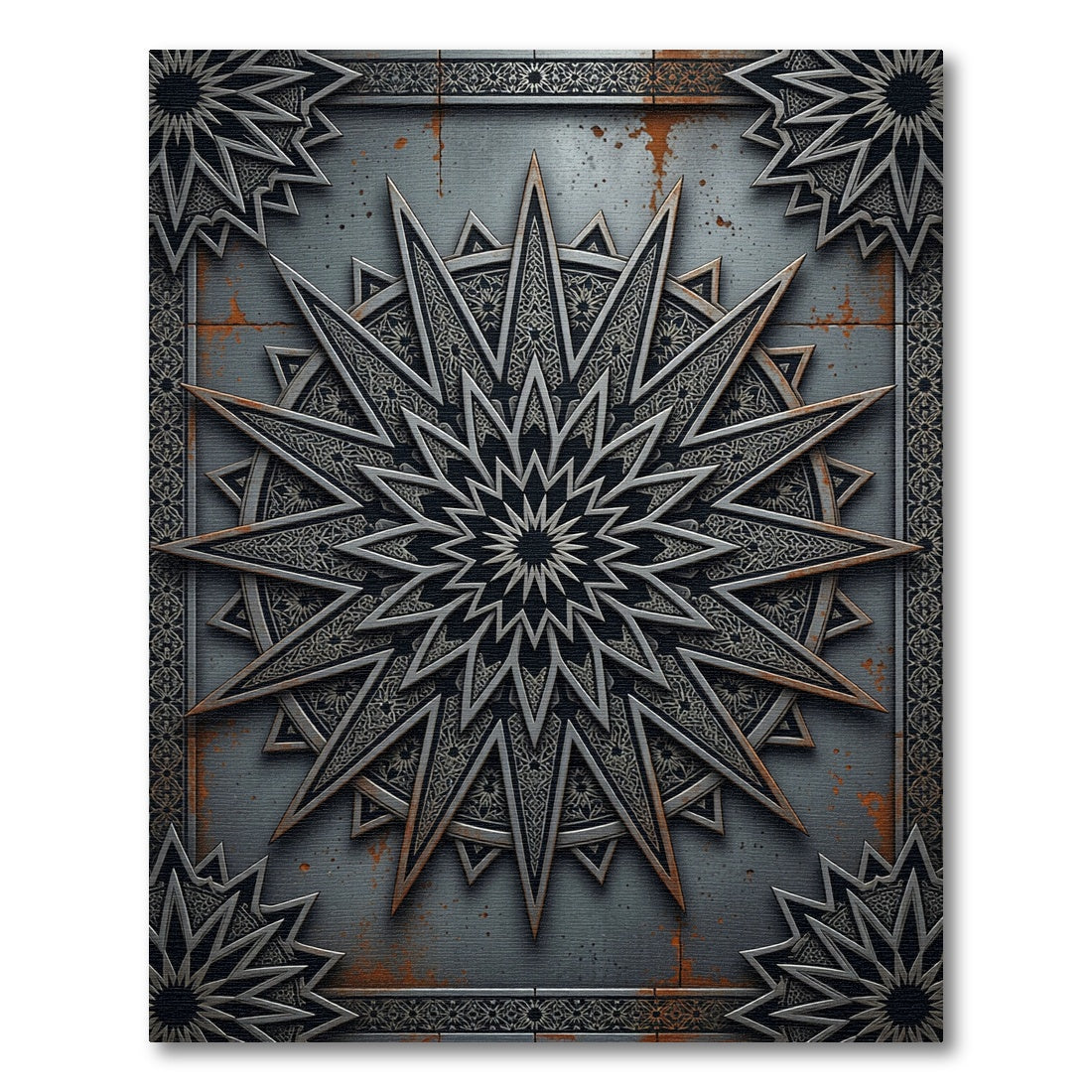 Industrial Metallic Starburst Geometric Medallion Rug