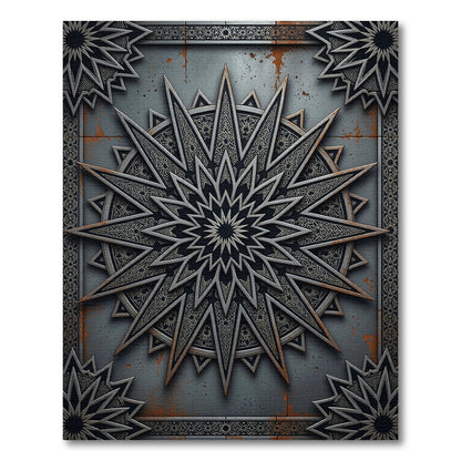 Industrial Metallic Starburst Geometric Medallion Rug