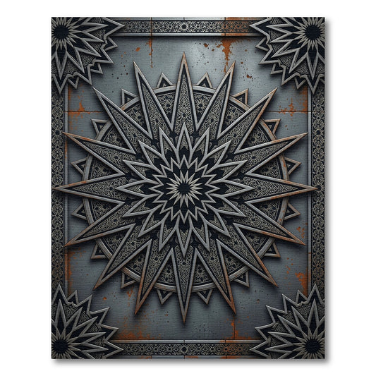 Industrial Metallic Starburst Geometric Medallion Rug