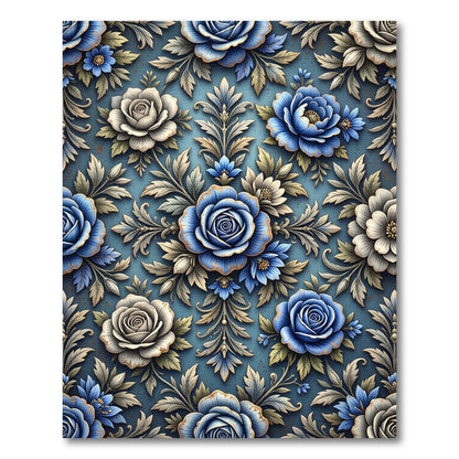 Elegant Blue Rose Damask Floral Rug