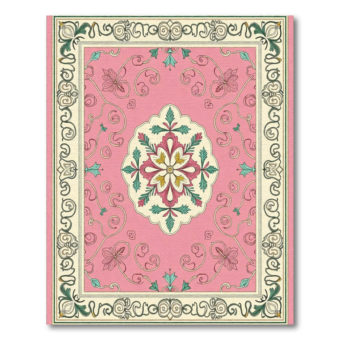 Pink Golden Floral Medallion Border Rug