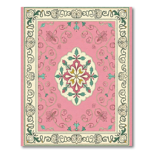 Pink Golden Floral Medallion Border Rug