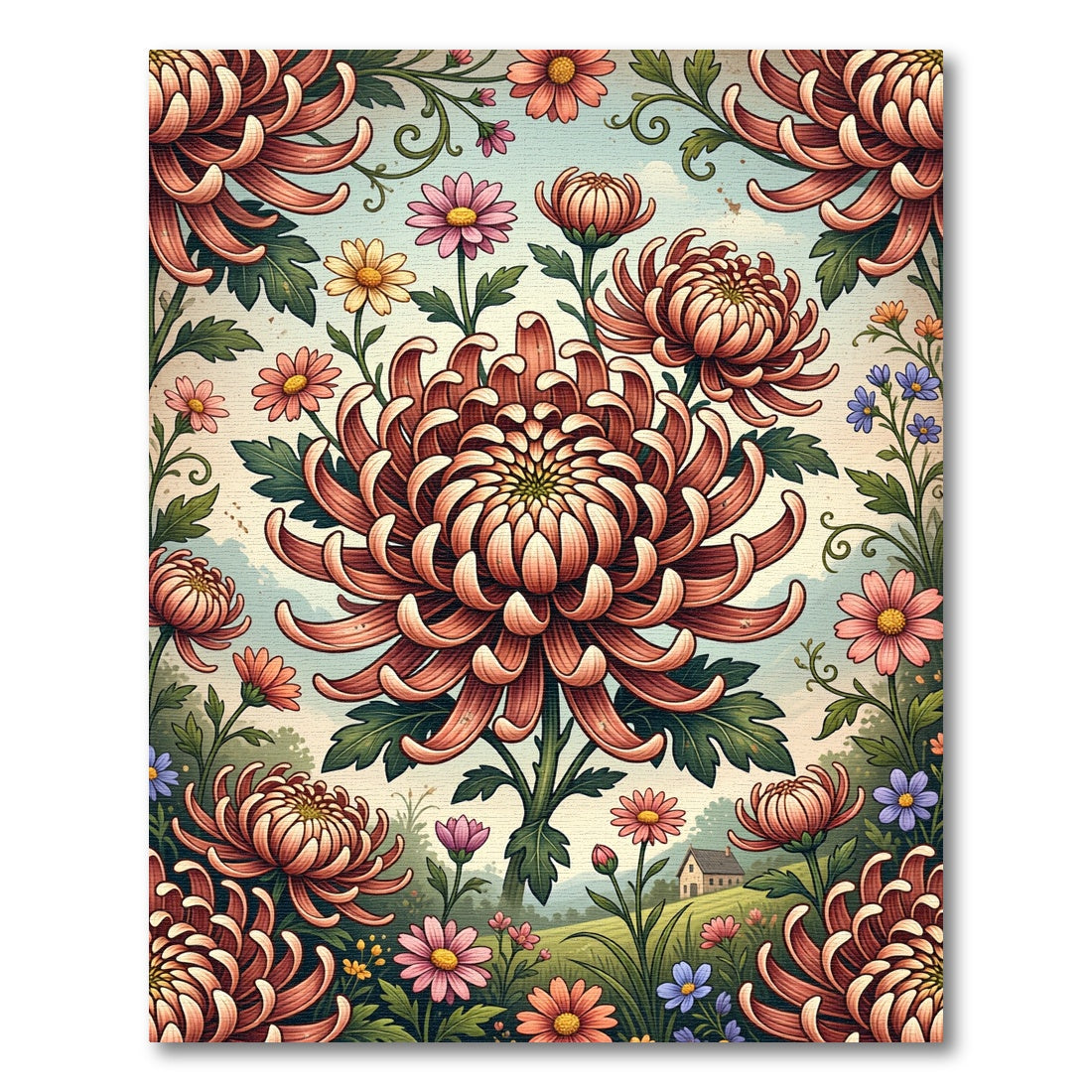 Vintage Copper Chrysanthemum Botanical Garden Rug