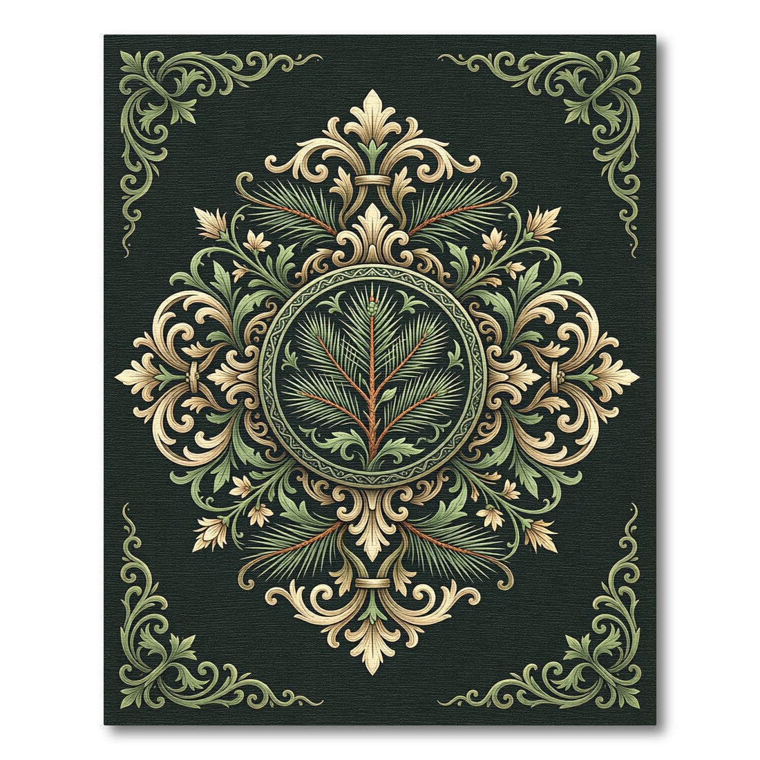Elegant Green and Gold Laurel Medallion Rug