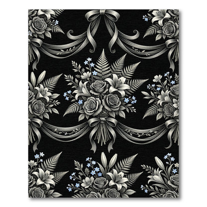 Ornate Bouquet Black White Ribbon Rug