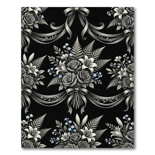 Ornate Bouquet Black White Ribbon Rug