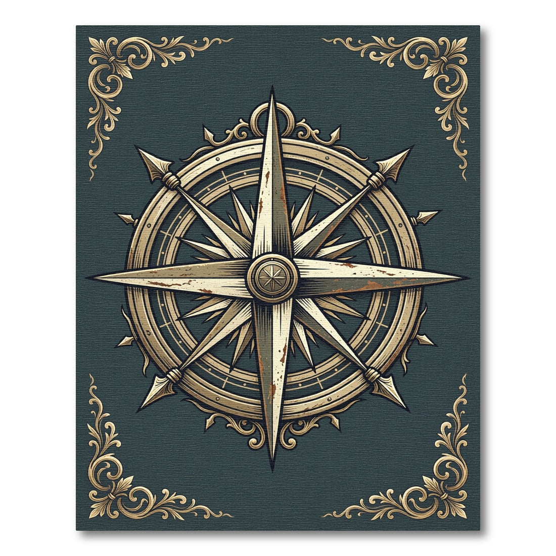 Antique Gold Nautical Compass Medallion Rug