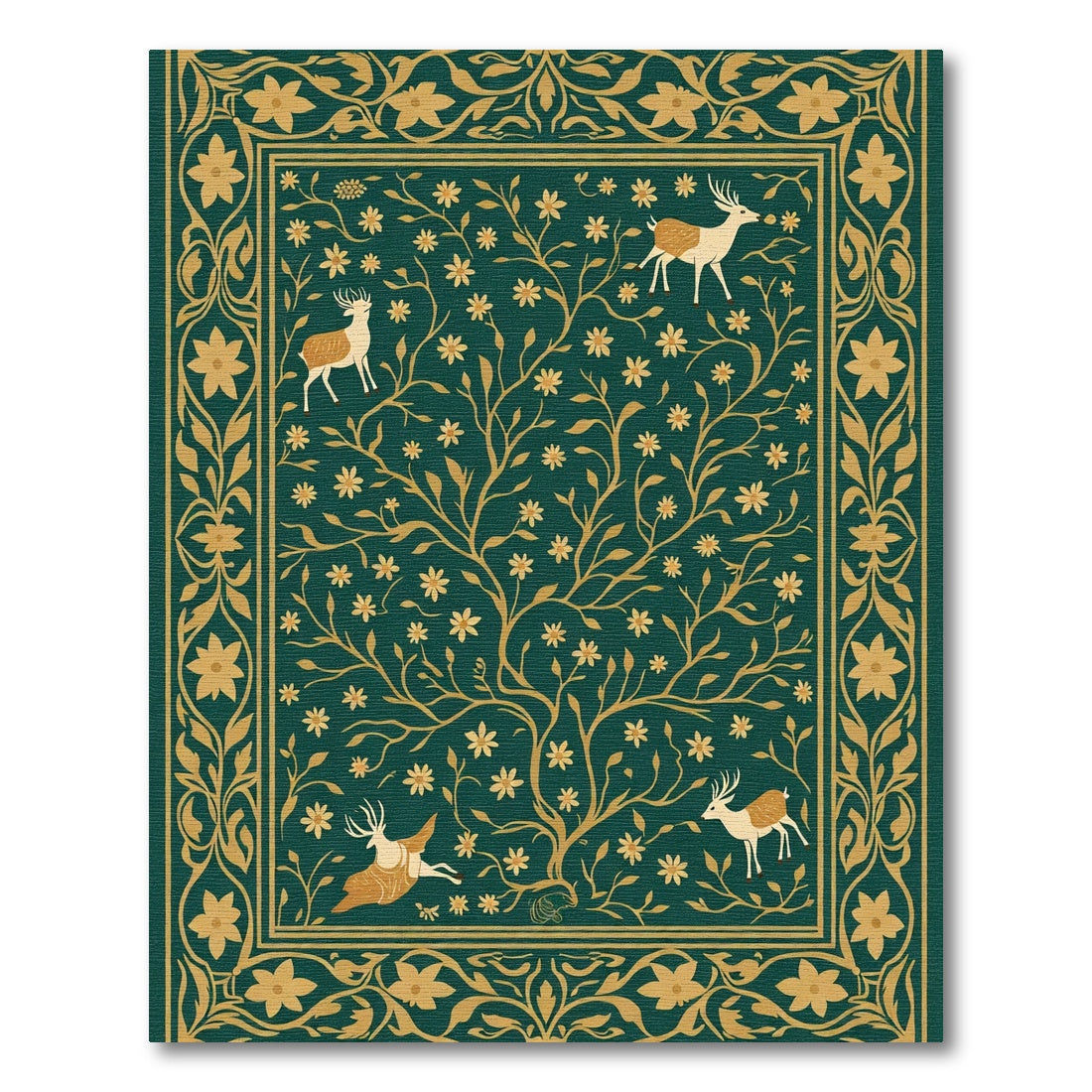 Verdant Green Golden Deer Forest Rug