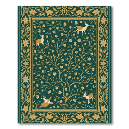 Verdant Green Golden Deer Forest Rug