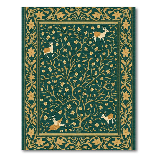 Verdant Green Golden Deer Forest Rug