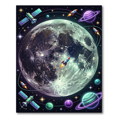 Vibrant Celestial Moon and Rocket Galaxy Rug