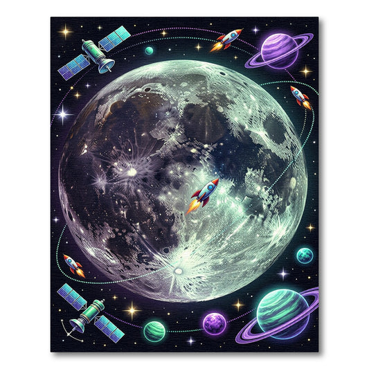 Vibrant Celestial Moon and Rocket Galaxy Rug