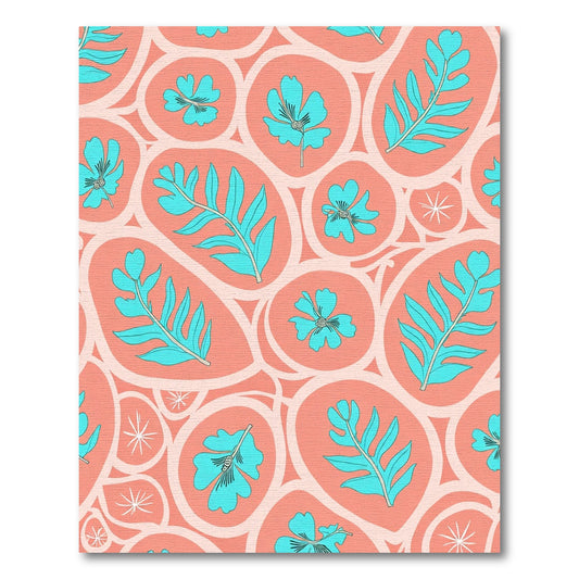 Coral Turquoise Floral Foliage Mid Century Rug