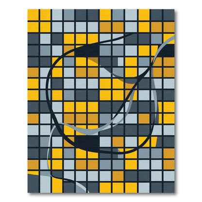 Abstract Golden Yellow Gray Grid Rug