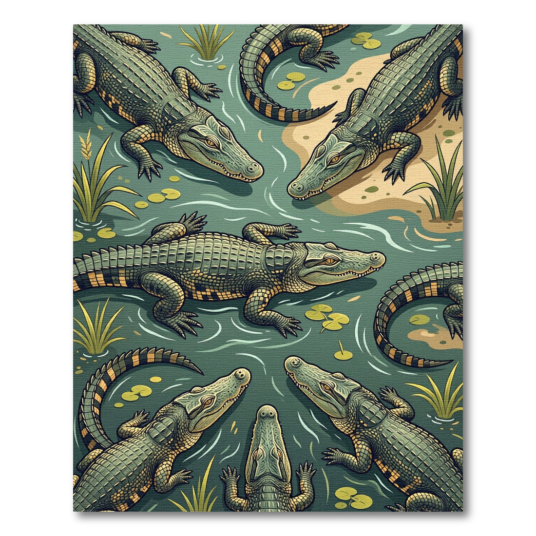 Swamp Reptile Green Alligator Wildlife Illustration Rug