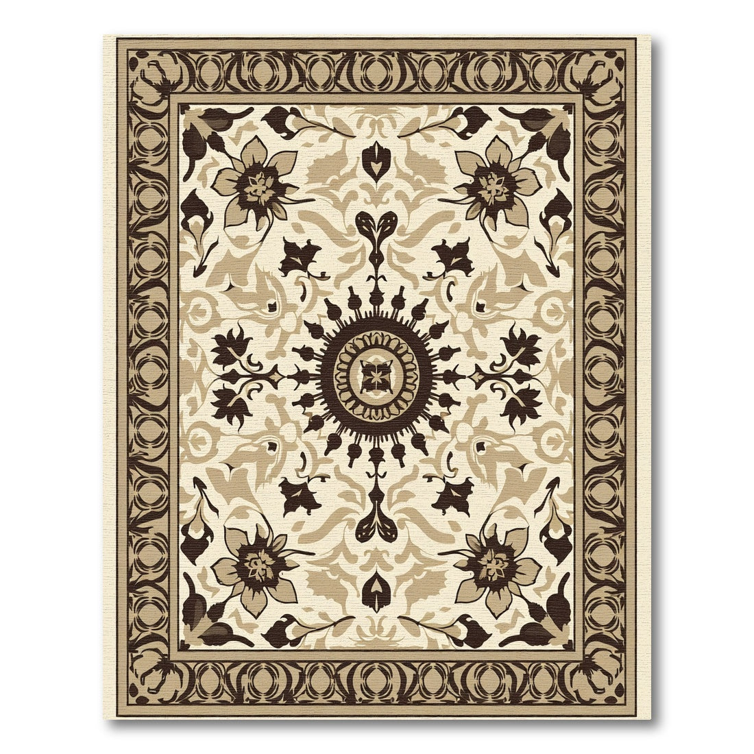 Cream and Brown Floral Medallion Rug