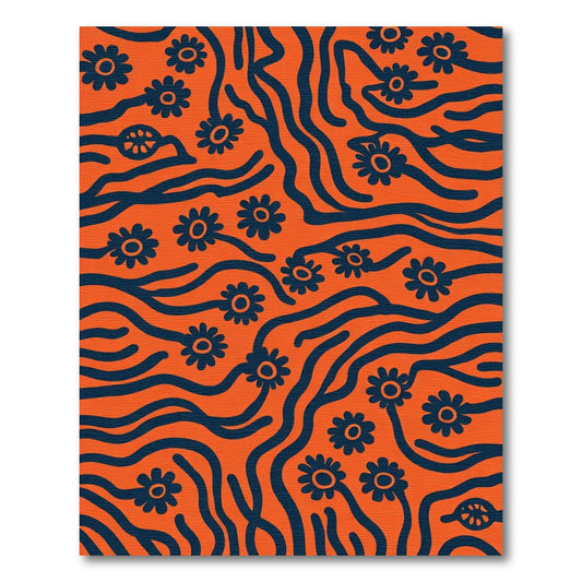 Orange And Navy Floral Flow Rug