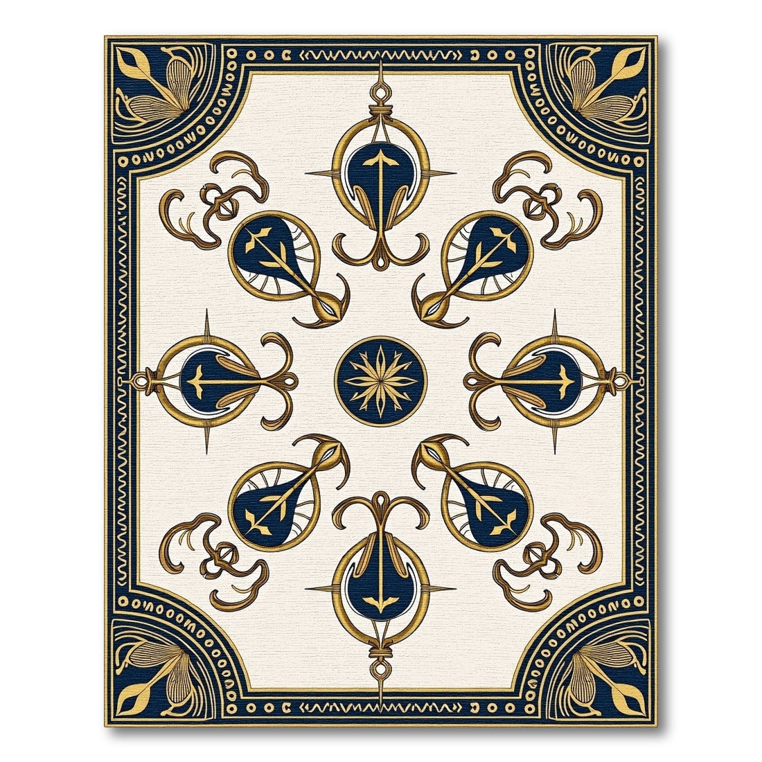 Ornate Navy Gold Compass Motif Rug