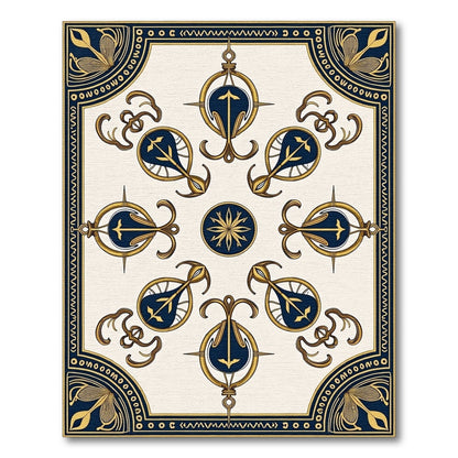 Ornate Navy Gold Compass Motif Rug
