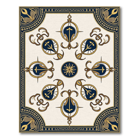 Ornate Navy Gold Compass Motif Rug