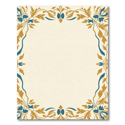 Golden Teal Floral Swirl Border Rug