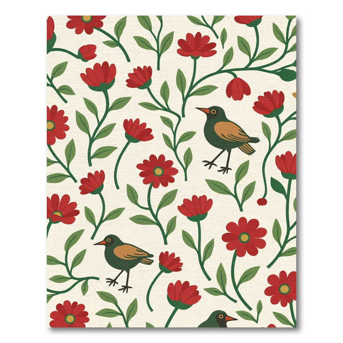 Red Floral Birds on Cream Rug