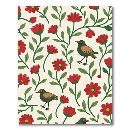 Red Floral Birds on Cream Rug