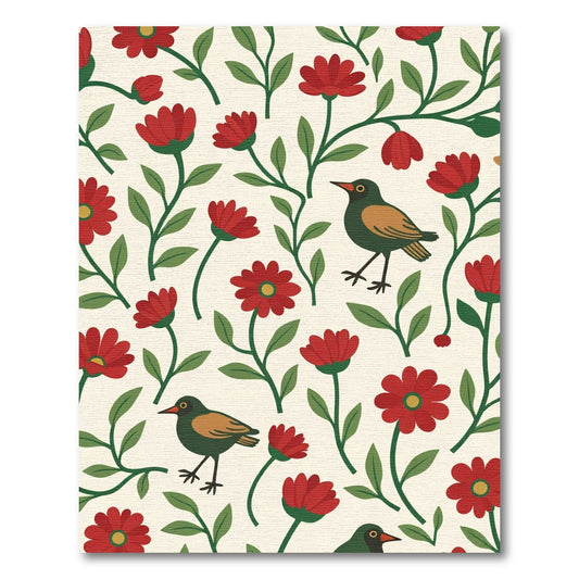 Red Floral Birds on Cream Rug