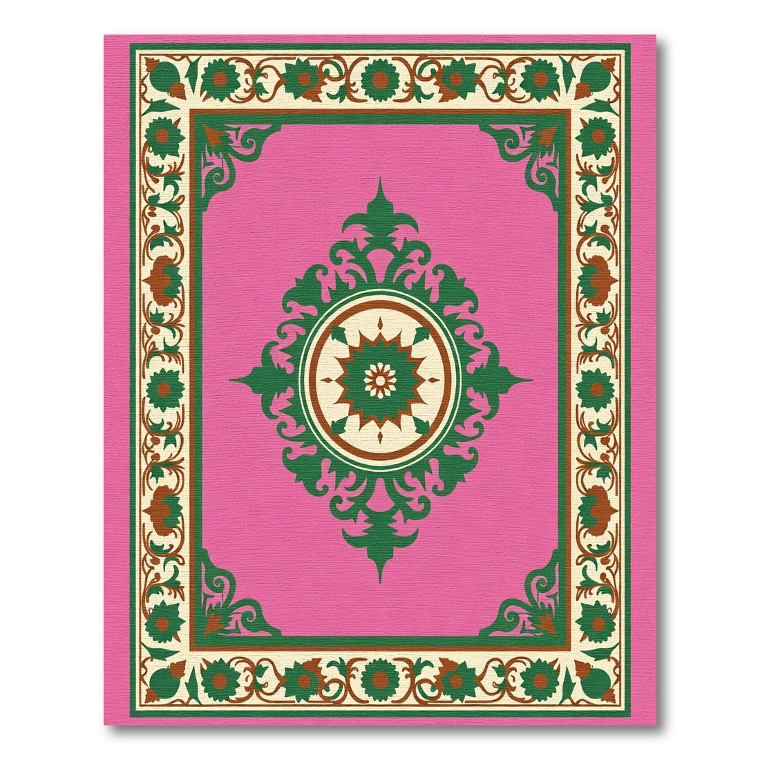 Pink Green Floral Medallion Border Rug