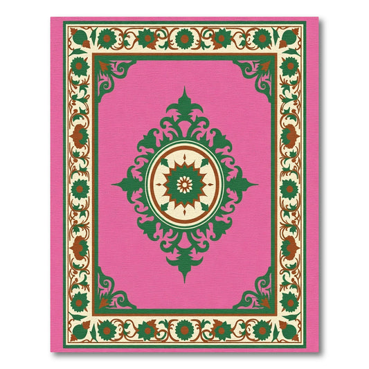 Pink Green Floral Medallion Border Rug