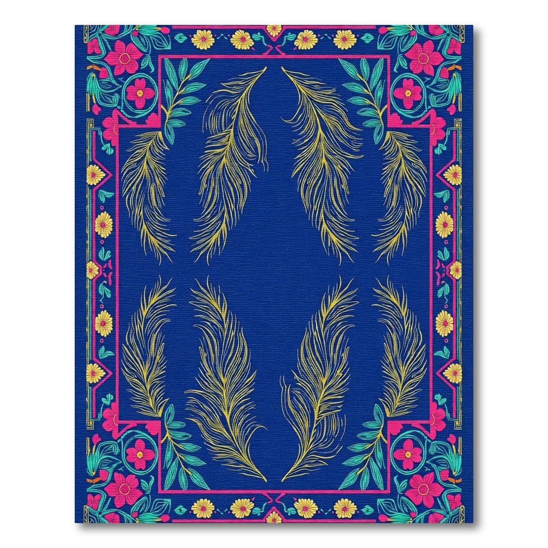 Vibrant Blue Floral Feather Border Rug