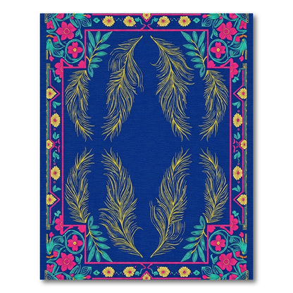 Vibrant Blue Floral Feather Border Rug
