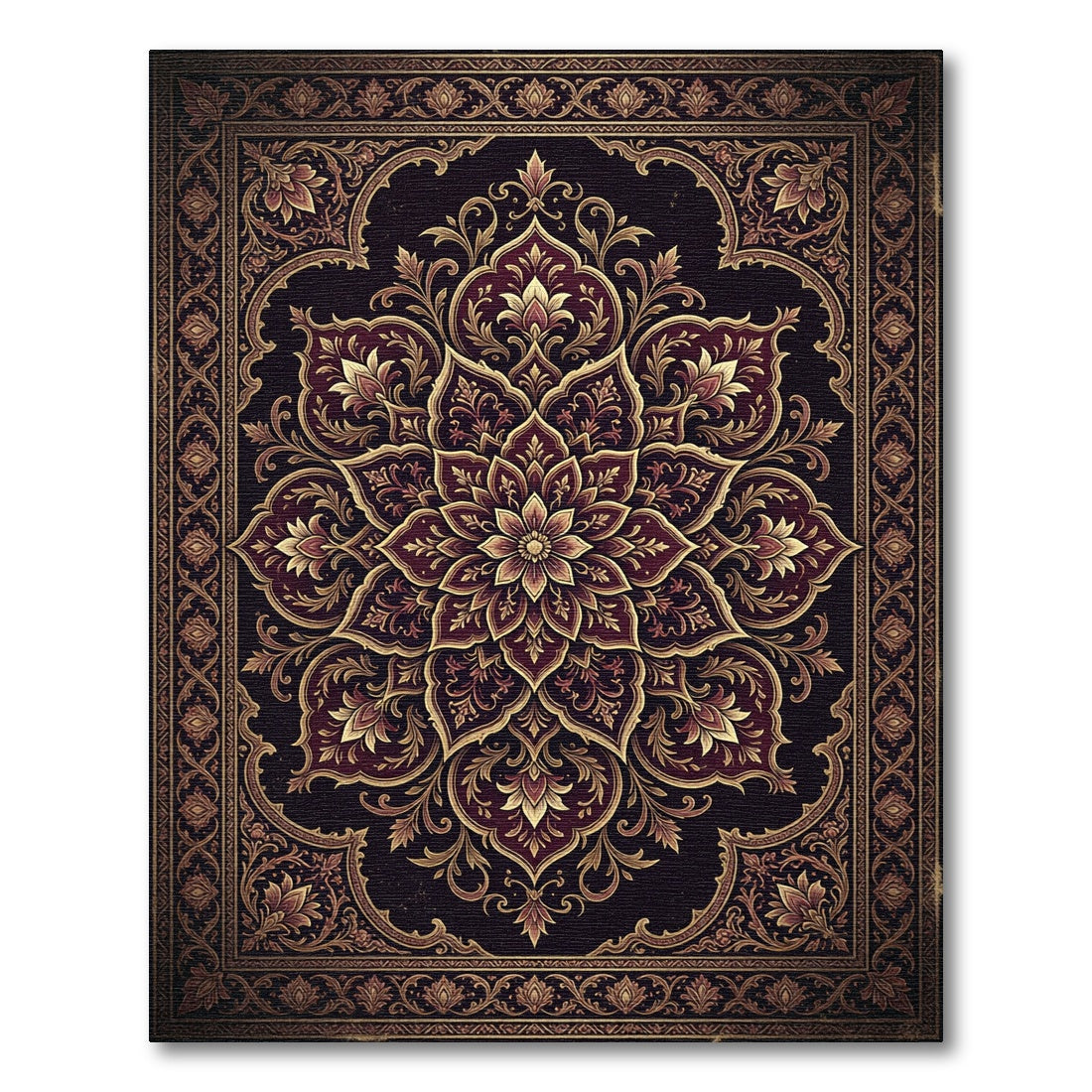 Ornate Deep Burgundy Gold Floral Medallion Rug