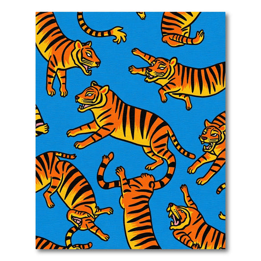 Fiery Orange Tigers Blue Playful Scene Rug