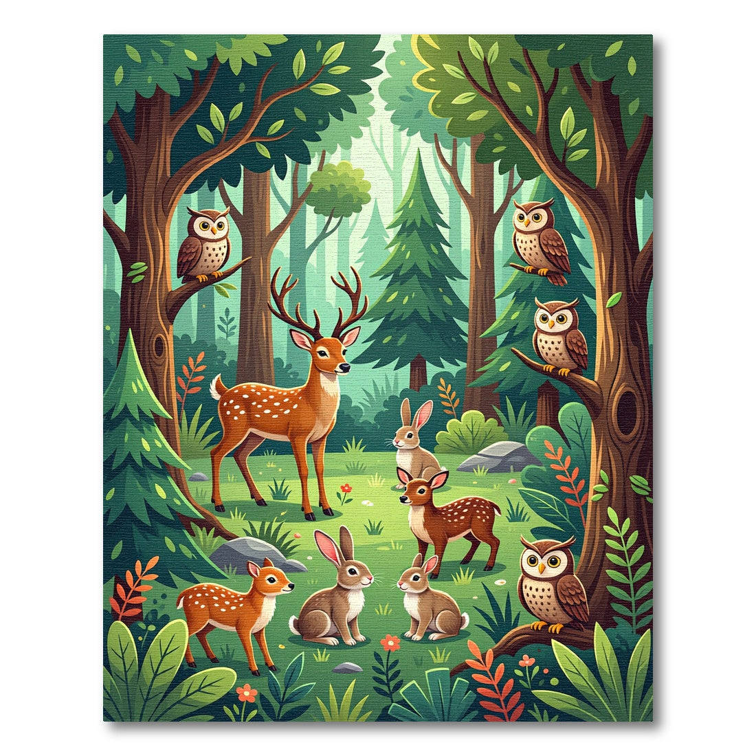 Whimsical Forest Deer Owls Rabbits Rug