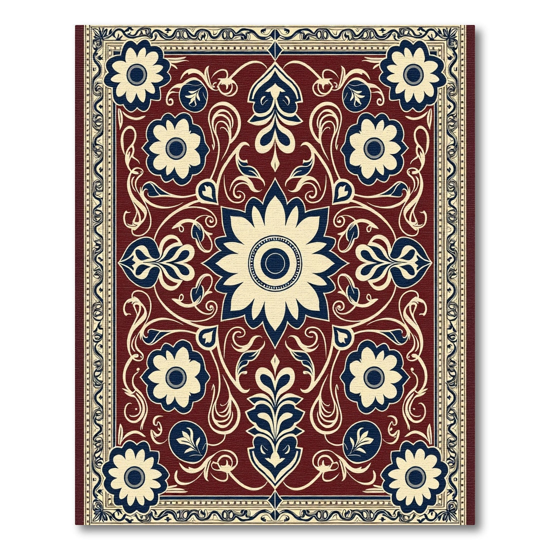 Deep Red Floral Symmetry Central Bloom Rug