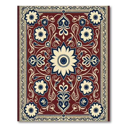 Deep Red Floral Symmetry Central Bloom Rug