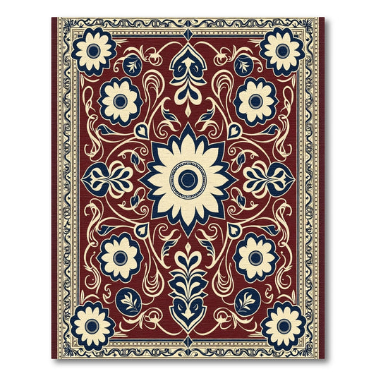 Deep Red Floral Symmetry Central Bloom Rug
