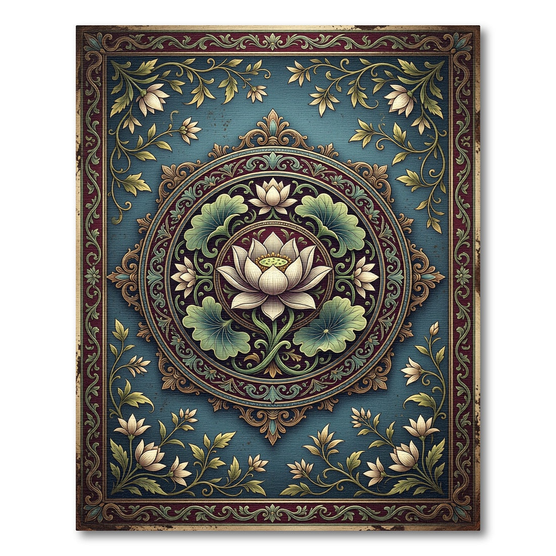 Elegant Lotus Medallion Teal Floral Art Rug