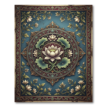 Elegant Lotus Medallion Teal Floral Art Rug
