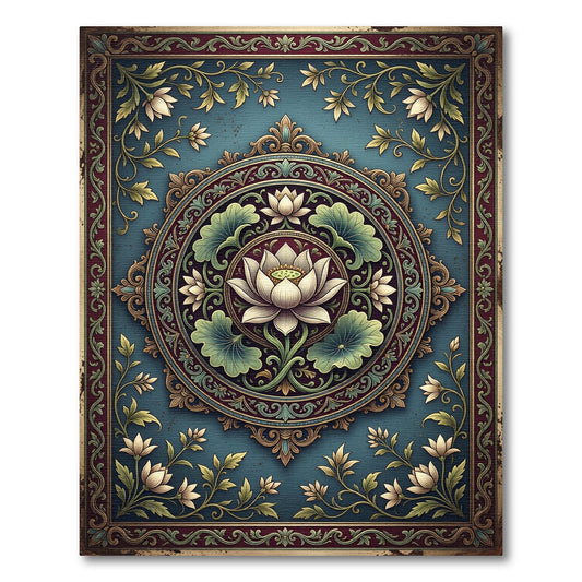 Elegant Lotus Medallion Teal Floral Art Rug