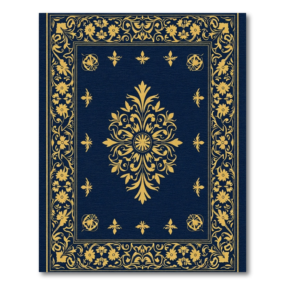 Dark Blue Gold Floral Medallion Border Rug