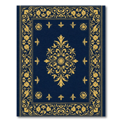Dark Blue Gold Floral Medallion Border Rug