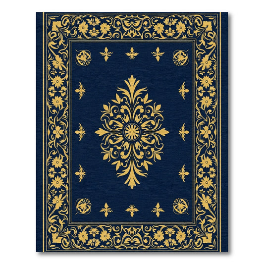 Dark Blue Gold Floral Medallion Border Rug
