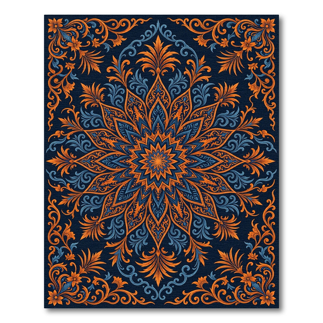 Ornate Blue Orange Floral Mandala Rug