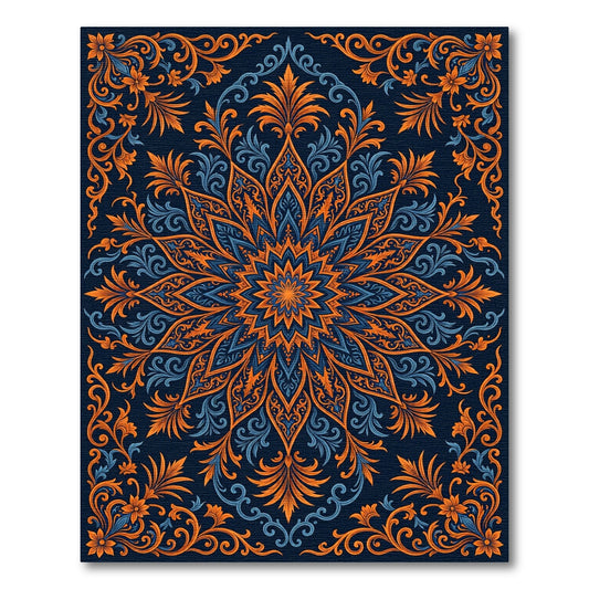 Ornate Blue Orange Floral Mandala Rug