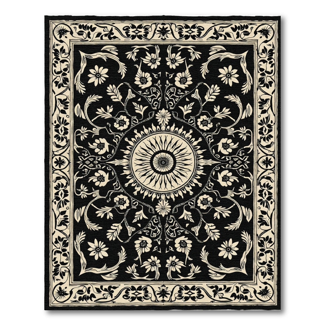 Black Floral Sun Medallion Border Rug