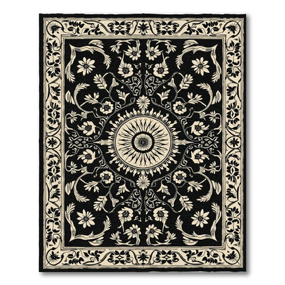 Black Floral Sun Medallion Border Rug